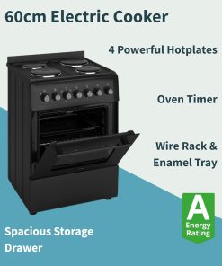 Alternative view of Electric Cooker 62L Oven 4 Hotplates Freestanding 60cm Matte Black